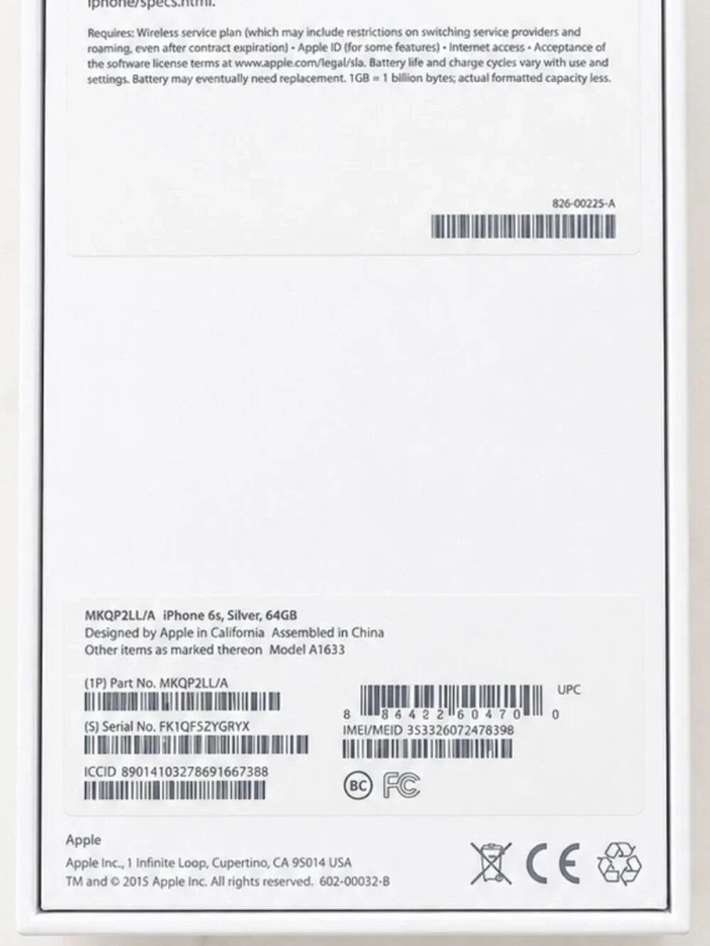 Apple iPhone 6s Original Empty Box 64GB Silver MKQP2LL/A w/ Original Inserts